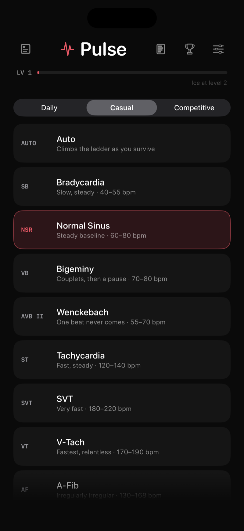 Pulse home screen with Daily, Casual and Competitive, and the eight rhythm ladder.
