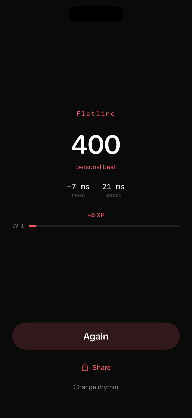 Flatline score screen showing 400, a personal best, and plus 8 XP.