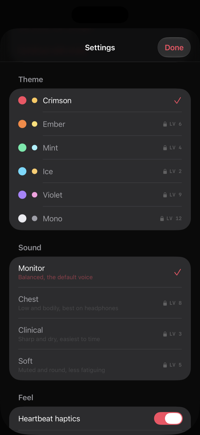 Settings with the Crimson theme selected and heartbeat haptics on.